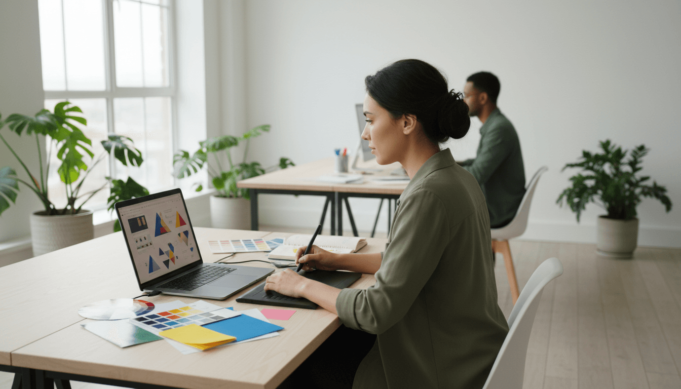 Professional creative workspace with natural daylight, design materials, and laptop on wooden desk