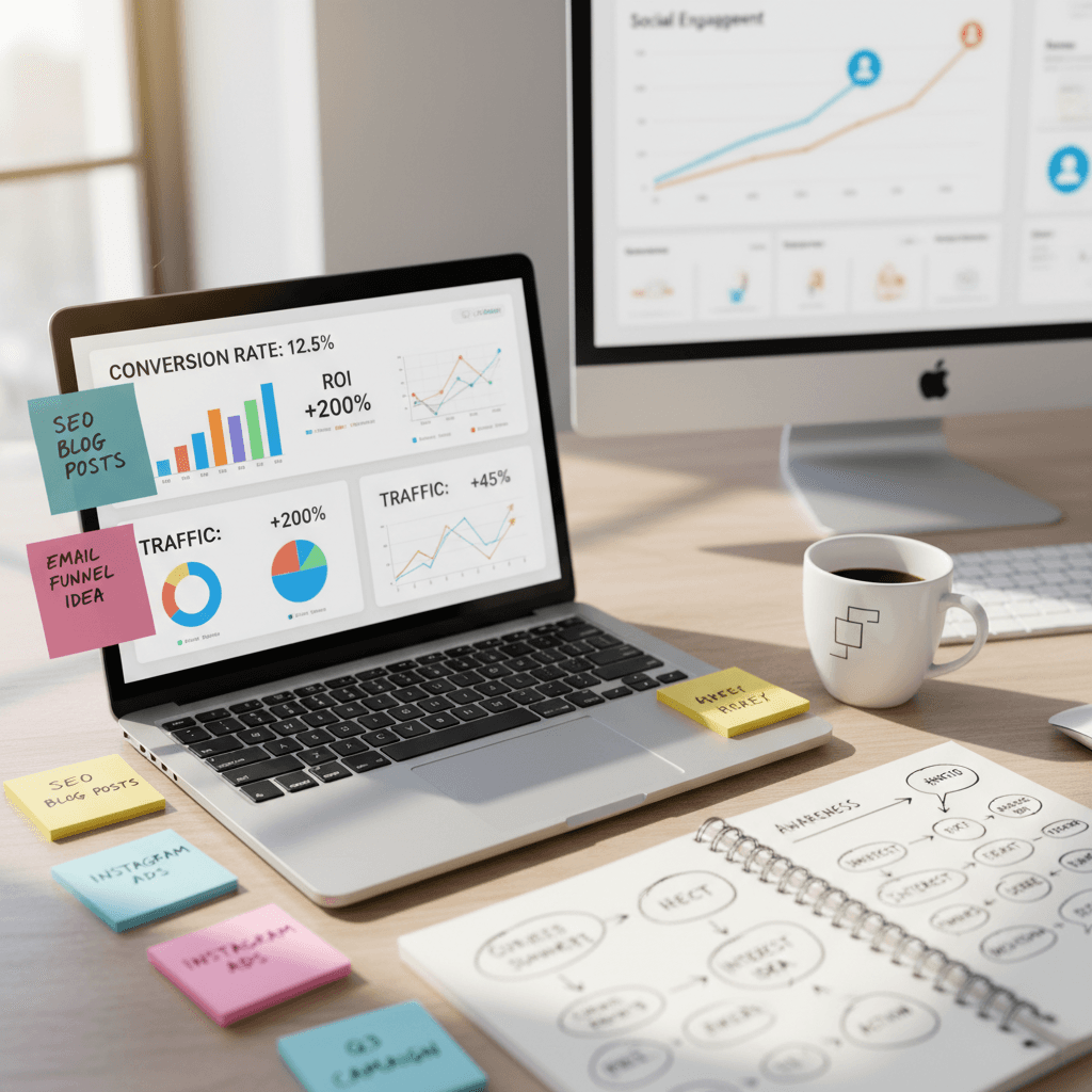 Creator reviewing detailed campaign planning on monitor
