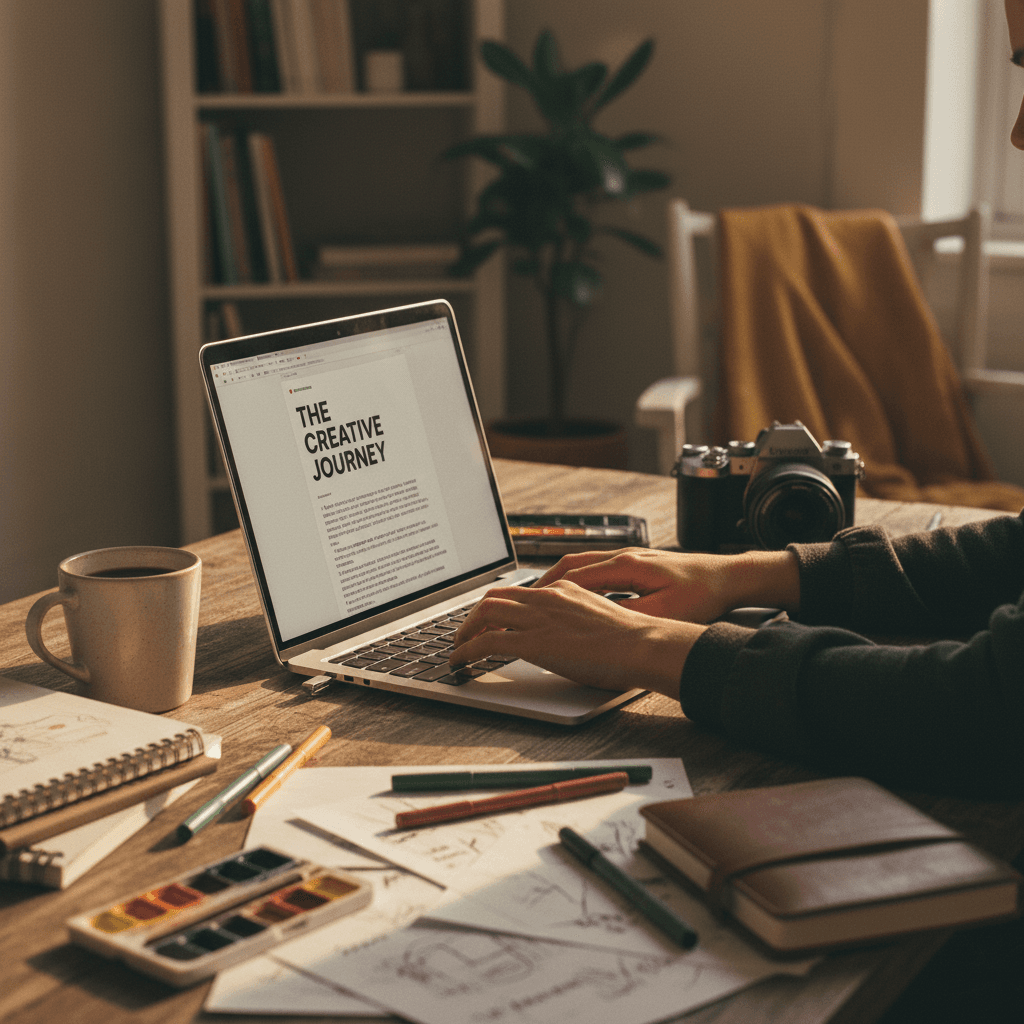 Warm, naturally-lit workspace showing a focused creator at their desk with strategy notes and laptop