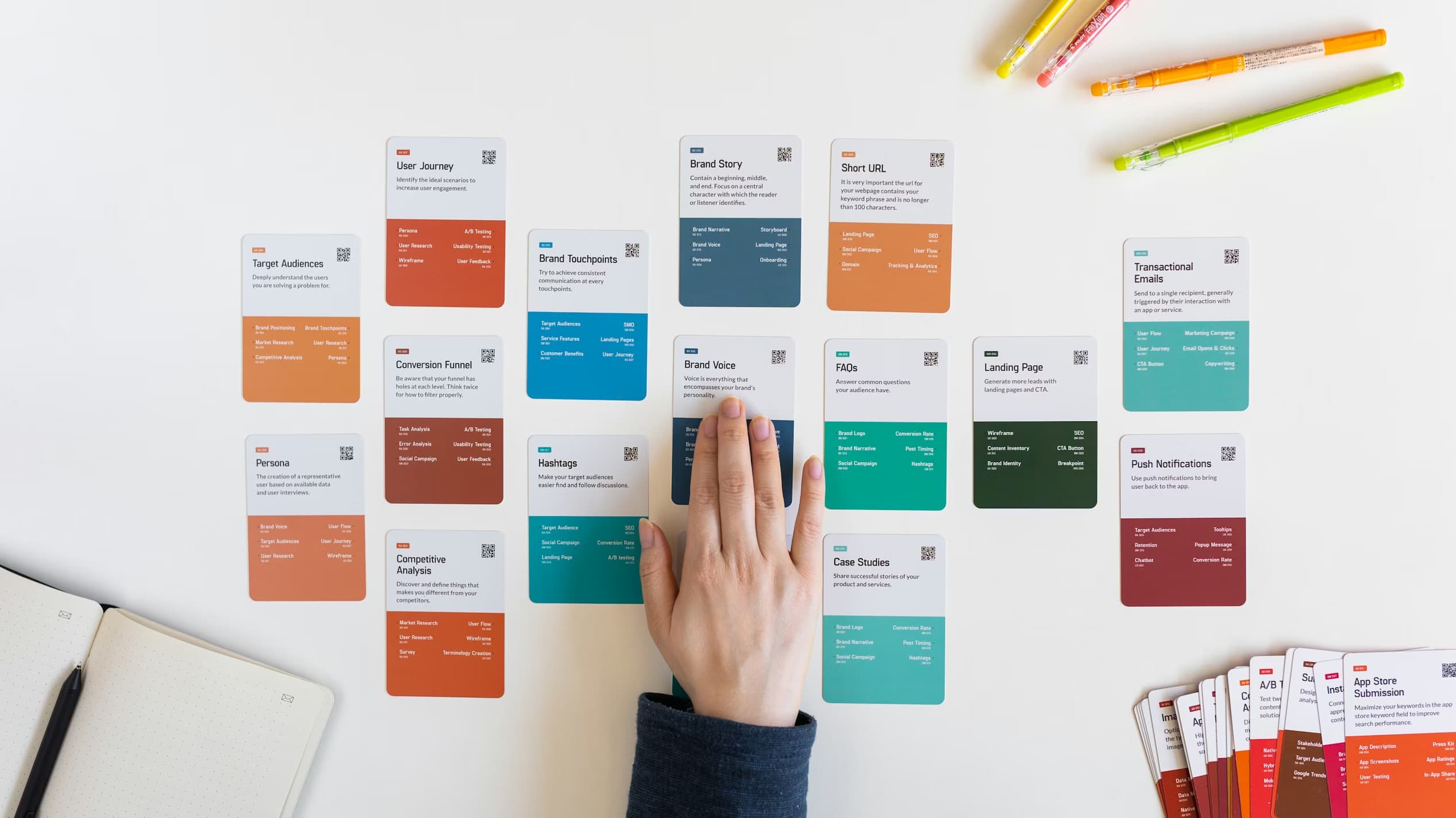 Hand selecting a colorful marketing strategy card from a grid on a white desk.